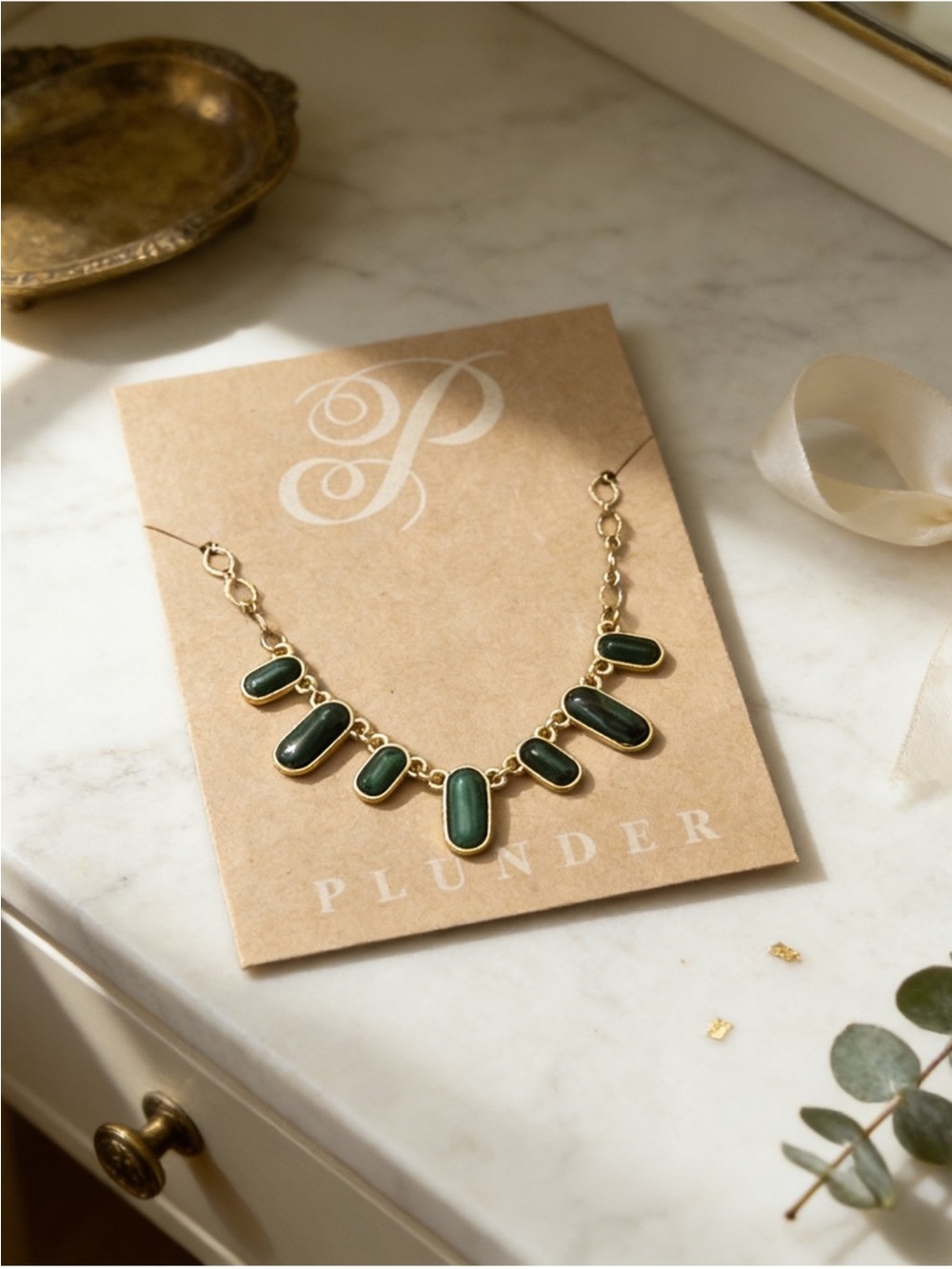 Plunder Gold-Tone Necklace with Deep Green Cabochons